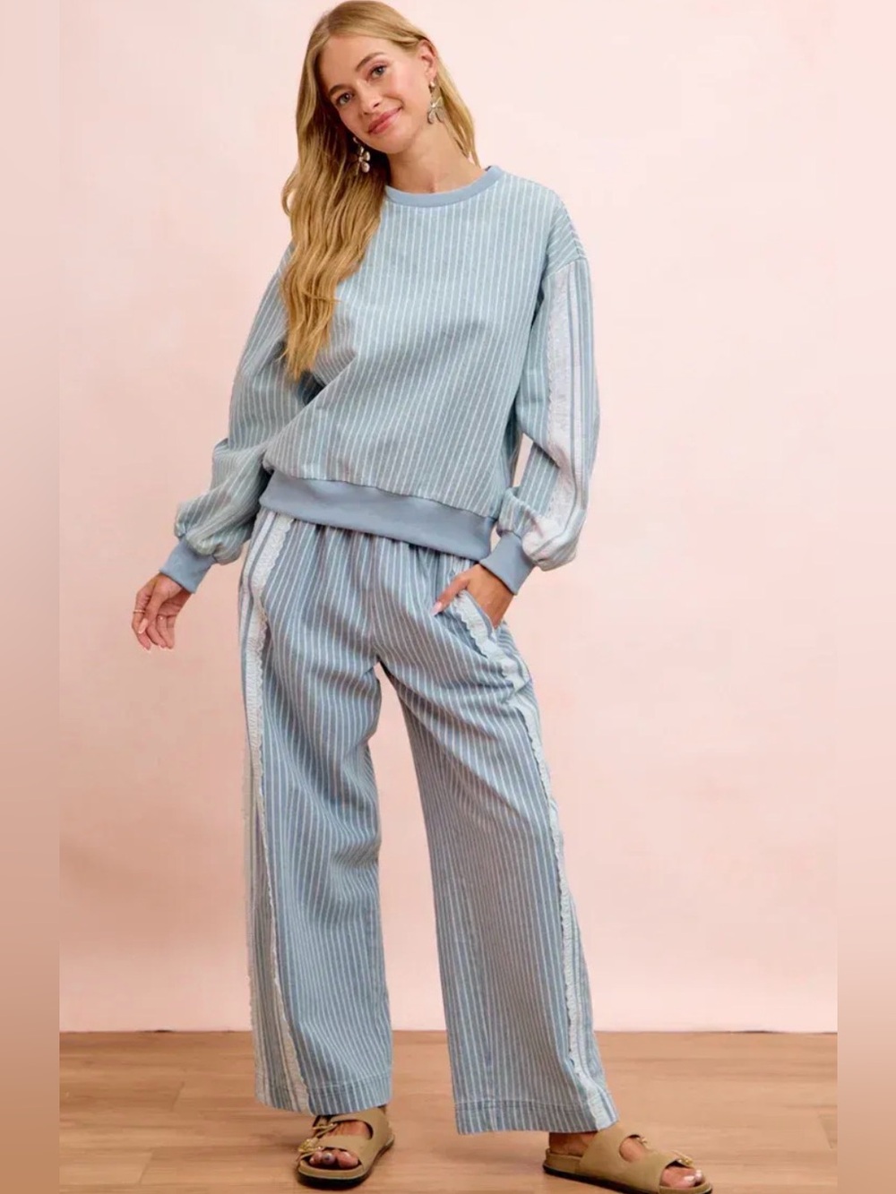 NWT! BiBi Blue and White Lace Accent Striped Top and Pants Set 2X
